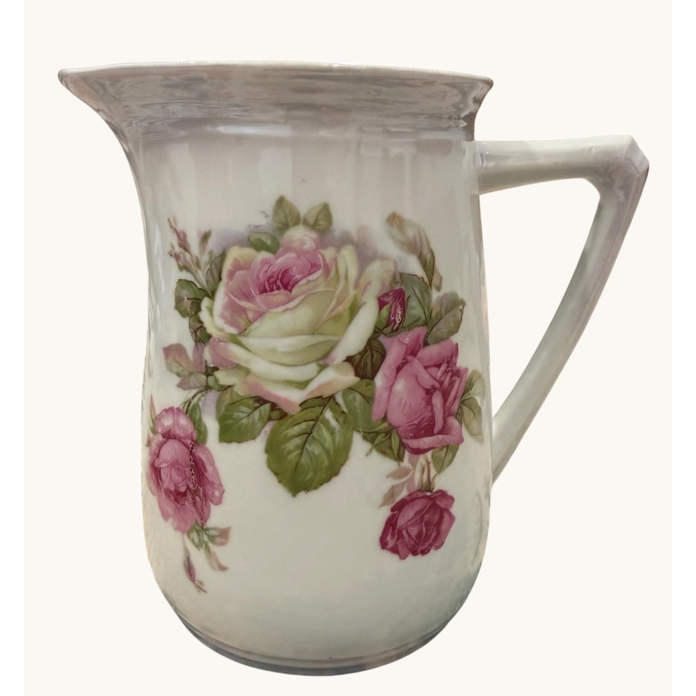 Antique Bavarian Style Porcelain Pitcher- Pink Cabbage Roses- Lusterware- 6"